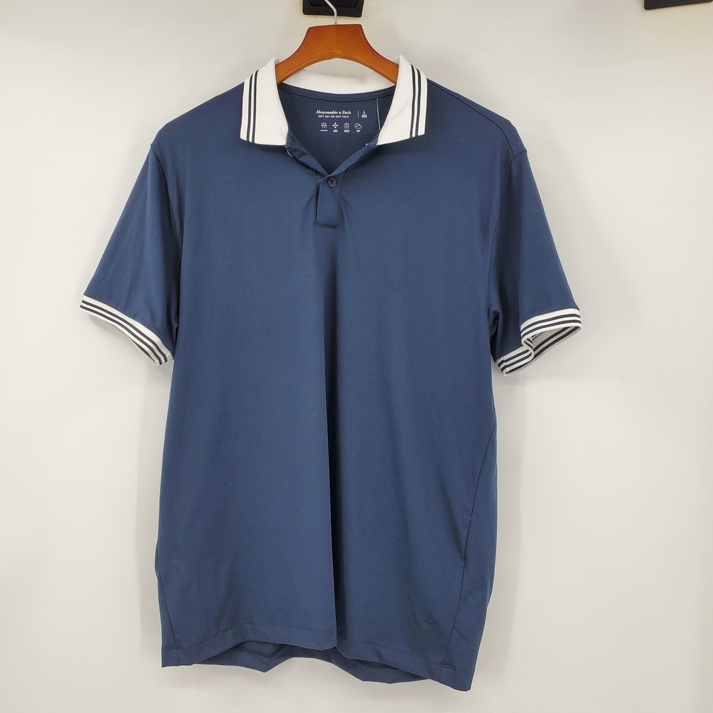 NWT Abercrombie & Fitch Men Large Navy Blue Soft A&F Air Knit Striped Polo Shirt